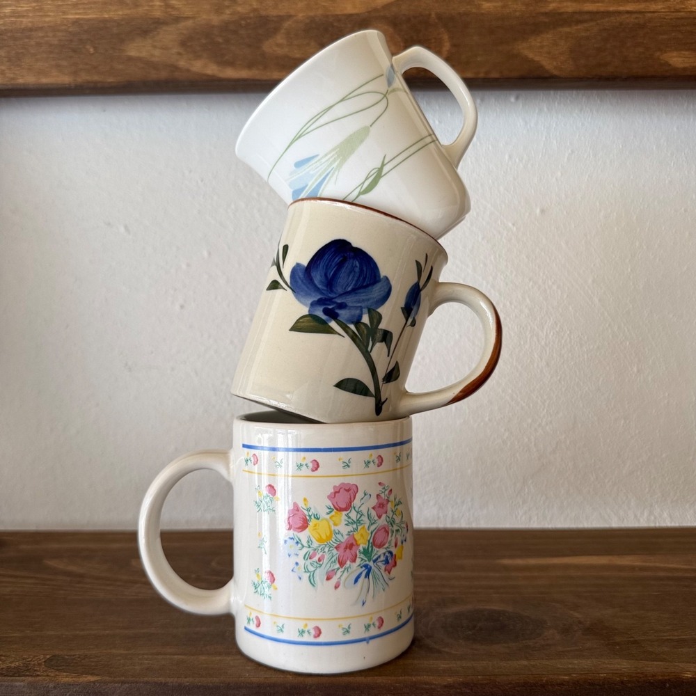 Vintage Floral Coffee Mug Bundle Set of 3 Ceramic Cottagecore Kitchen